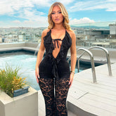 Lace hollow ruffled halter neck tie back flared jumpsuit